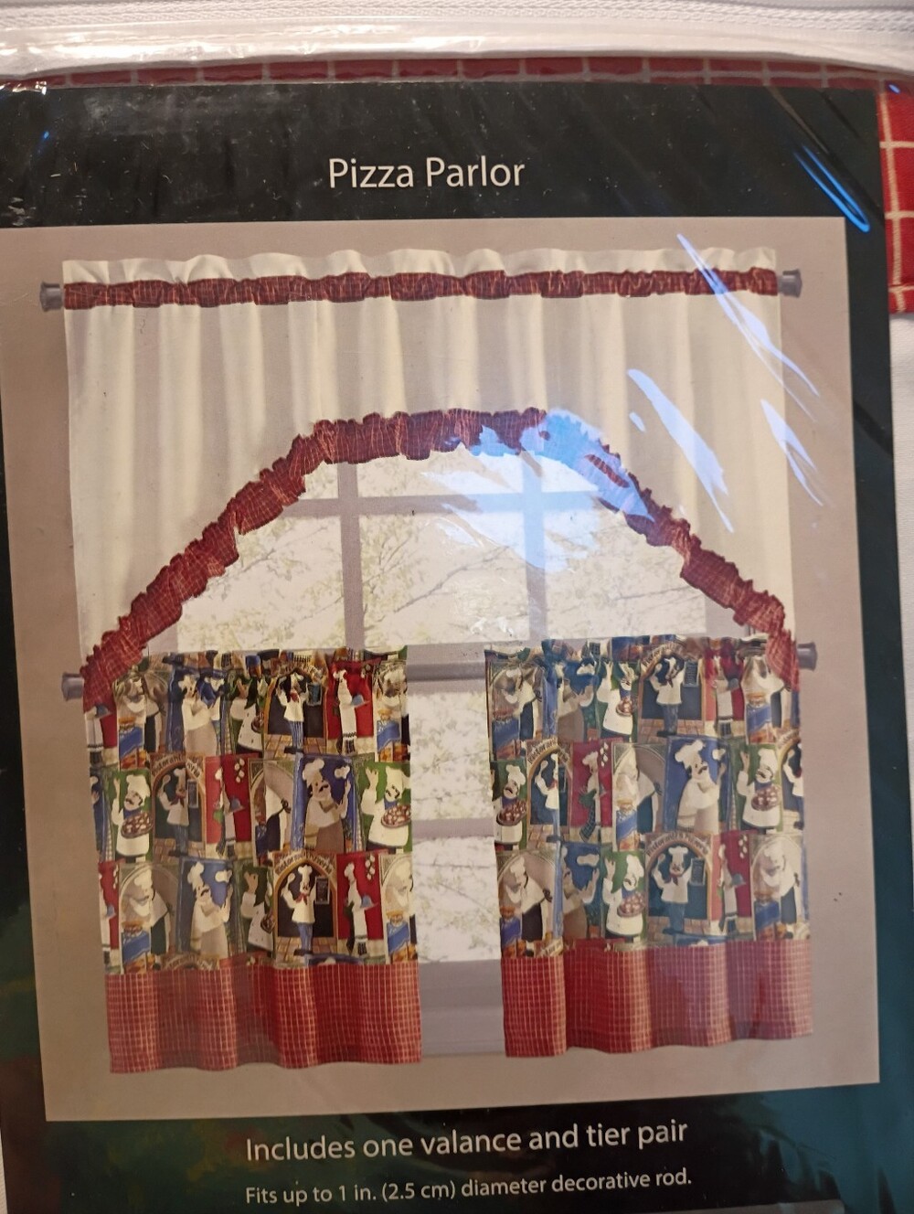 #6006 Pizza Parlor Red Kitchen Valance and Tier Pair 60" x 24"